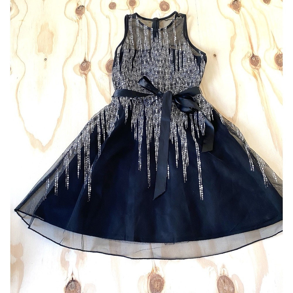 Girls Size 10 Black Sleeveless Fit And Flare Glitter Tulle Party Dress